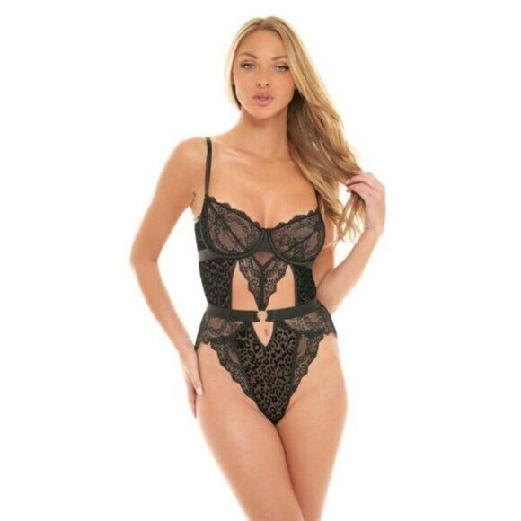 Black Underwire Leopard Print Floral Scalloped Lace Teddy Lingerie - Picture 9 of 10